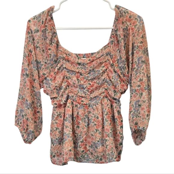 American Eagle Girly Boho Chic Chiffon Blouse Peach Floral Ruched Peplum Top S - Picture 3 of 13